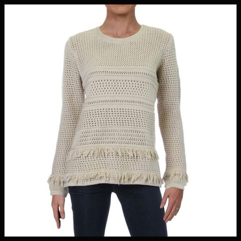 Chelsea & Theodore Women’s Fringe Cream Crochet Afghan Knit Sweater Boho Small
